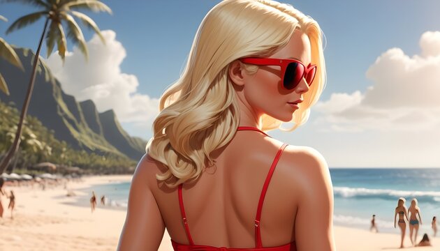 Comic style blonde girl on a paradise beach wearing a red bikini and red sunglasses