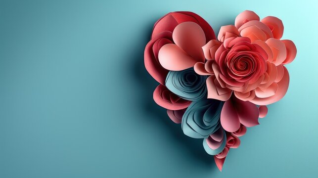  a heart shaped arrangement of paper flowers on a blue background with a shadow of the paper flowers in the shape of a heart on the left side of the image.