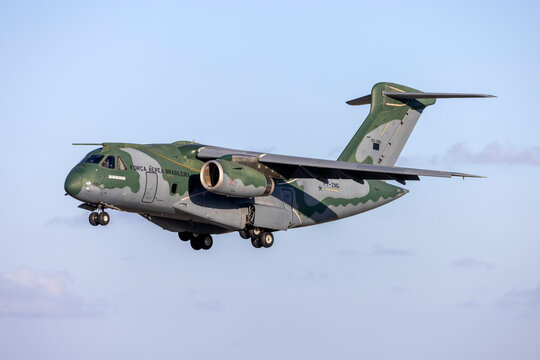 Luqa, Malta - March 1, 2024: Brazilian Air Force Embraer KC-390 (EMB-390) (REG: PT-ZNG) landing for a two day stop on its way back to Brazil.