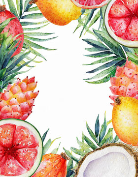 Vibrant watercolor painting of various tropical fruits and leaves scattered across a  white background