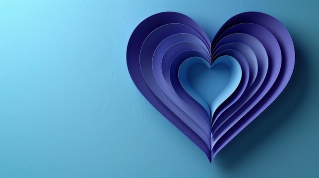  a blue heart made out of folded paper on a blue background with a shadow of the paper in the shape of a heart on the left side of the heart.