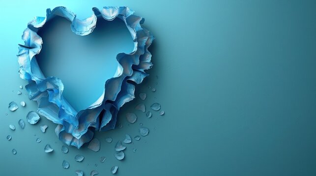  a heart shaped piece of ice with drops of water on a blue background with a drop of water on the left side of the image and a drop of water on the right side of the left side of the image.