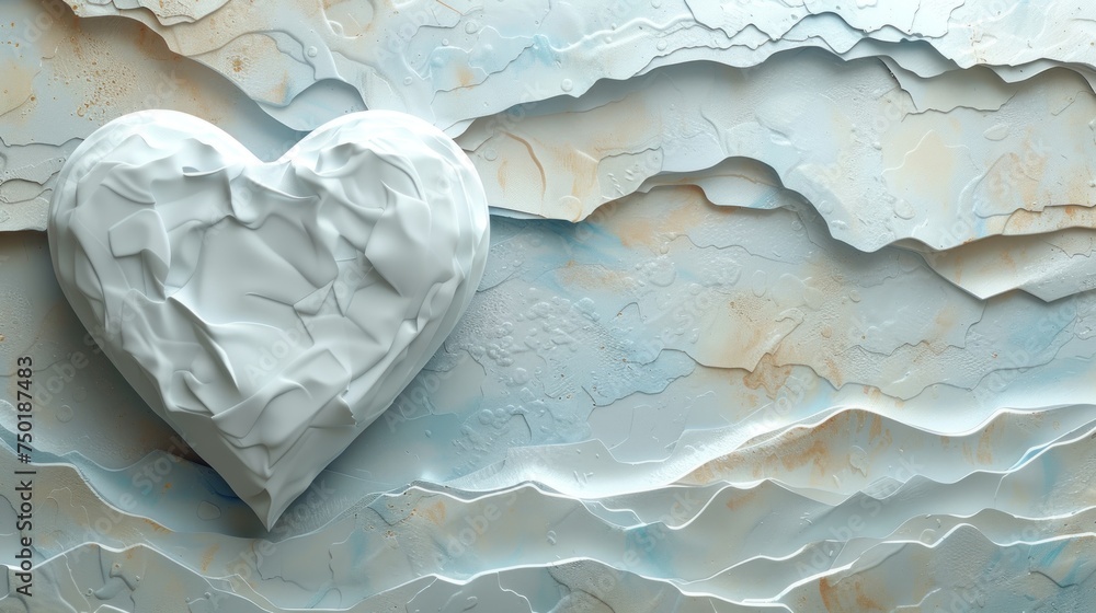 Poster a white heart shaped object sitting on top of a blue and white textured paper background with a moun