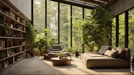 Fototapeta premium A modern living room with biophilic design that includes a comfortable seating area, natural light, and lots of plants