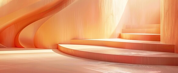Warm peach-toned curves and podiums set a soothing and elegant stage for product presentation.