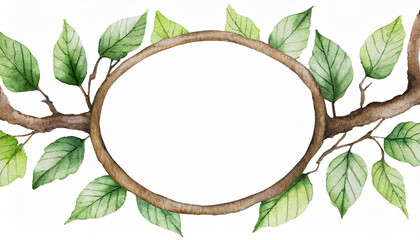 Fototapeta premium watercolor illustration of an oval frame, decorated with green leaves and branches