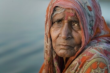 old Indian woman on a bank of the Ganges