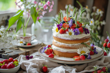 Obraz na płótnie Canvas Cake on the plate with wildflowers and wildberries. Generative AI