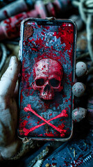 Smartphone displaying a skull and crossbones warning on screen, symbolizing cybersecurity threats and data privacy risks within digital communication platforms