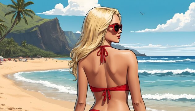 Comic style blonde girl on a paradise beach wearing a red bikini and red sunglasses, backview