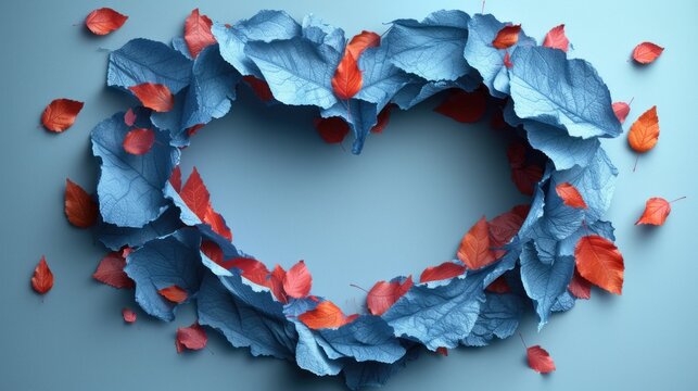  a heart shaped wreath made of leaves on a blue background with red and orange petals on the edges of the wreath and the center of the wreath is surrounded by red and blue leaves.