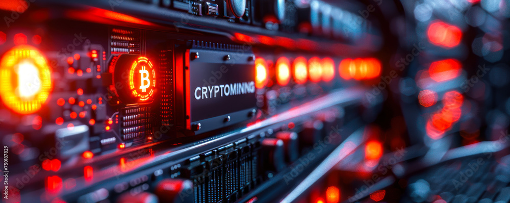 Poster server racks in a data center with a digital overlay of a bitcoin symbol and the word cryptomining, 