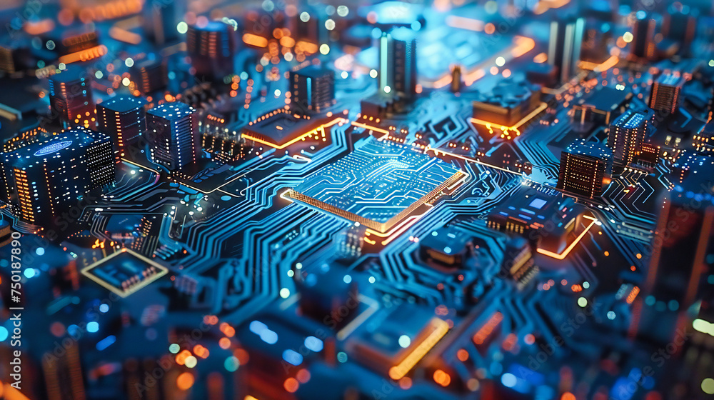 Poster detailed view of computer electronics, microchip and motherboard technology, engineering and digital