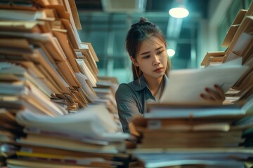 Businesswoman working with stacks of paper files Searching for information Symbolizing the diligence and focus required in business reporting and administration - obrazy, fototapety, plakaty