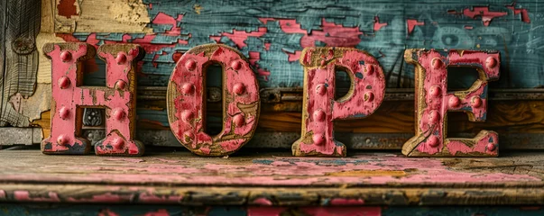Afwasbaar Fotobehang Motiverende quotes Red vintage wooden letters spelling out HOPE on a textured old wooden background, evoking feelings of aspiration, inspiration, and positive expectation