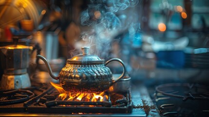 A nostalgic image of a vintage coffee pot brewing coffee over an open flame - obrazy, fototapety, plakaty