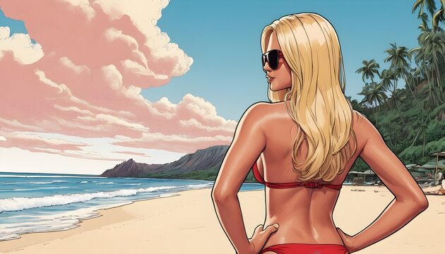 Comic style blonde girl on a paradise beach wearing a red bikini and red sunglasses, view from behind
