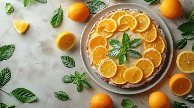  a white plate topped with a cake covered in oranges and slices of lemon next to green leaves and oranges on top of a white surface with green leaves.
