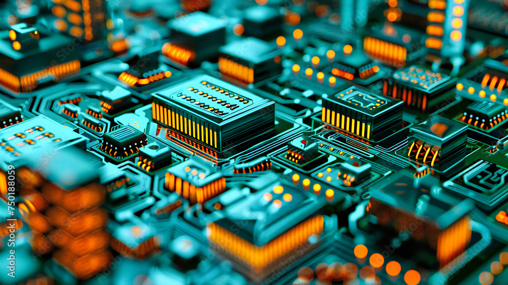Poster detailed view of a digital processor: macro shot of electronic components on a circuit board, emphas