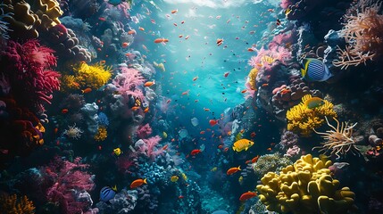 Fototapeta na wymiar The mysterious depths of an ocean trench, teeming with colorful coral and diverse marine life