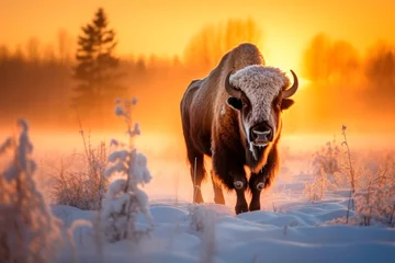 Rolgordijnen Stunning image of majestic bison in snowy winter landscape - high quality photography print for sale © Александр Клюйко