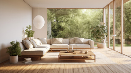 Fototapeta premium A modern living room with a warm wood floor, plenty of natural light, and lush plants to add a peaceful ambiance