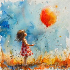 watercolor painting of a girl in a polka-dot dress, holding a balloon