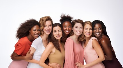 Smiling women different nationalities, ethnicity - Caucasian, African- having fun together isolated on white background. Inclusion , teamwork concept. Equality and diversity concept