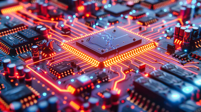 Detailed view of a technology circuit board, computing and engineering concept, macro electronics background