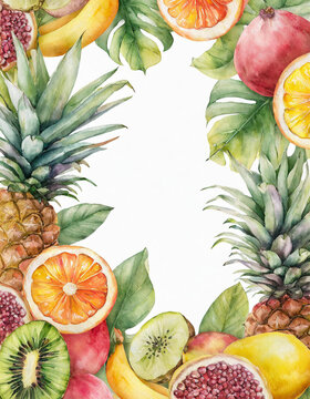 Vibrant watercolor painting of various tropical fruits and leaves scattered across a white background