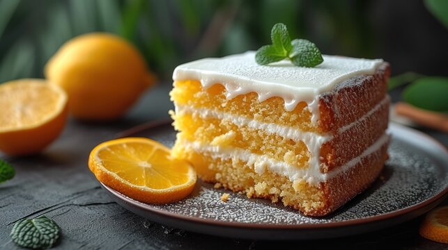  a piece of cake sitting on top of a plate next to a slice of orange and an orange slice on top of a plate next to an orange slice of cake.