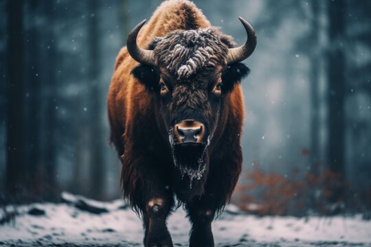Majestic bison roaming in snowy winter landscape, stunning wild animal in frosty setting