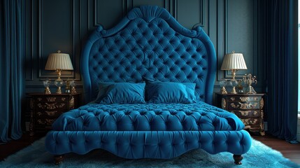  a blue upholstered bed with two lamps on either side of it and a blue rug on the floor in front of the bed and two lamps on either side of the bed.