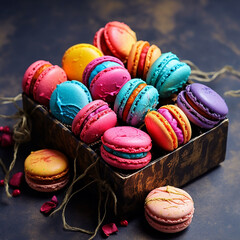 Fototapeta na wymiar Colorful macarons in a box, sprinkles scattered around.