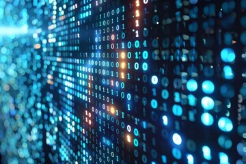 Obraz premium Cybersecurity concept with digital binary code on a computer screen. technology and data protection visual metaphor