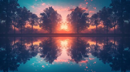 The reflection of trees in a still lake at dawn, creating a perfect symmetry and sense of peace - obrazy, fototapety, plakaty
