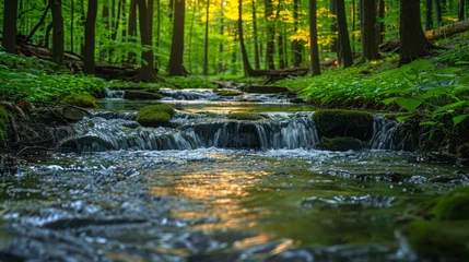 Fotobehang A gentle stream flowing through a forest © olegganko
