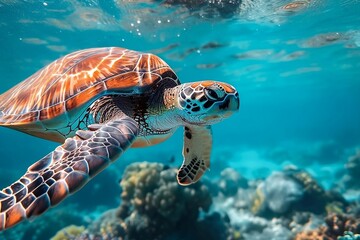 sea turtle swimming - obrazy, fototapety, plakaty