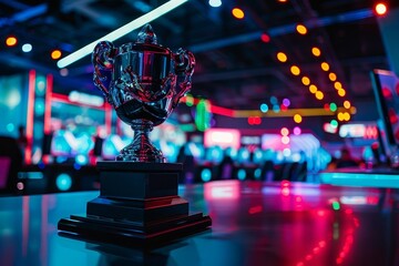 Esports trophy center stage in a championship arena Surrounded by gaming setups and neon lights...