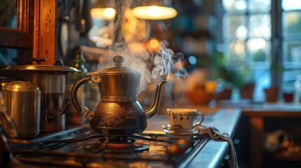 Fototapeta na wymiar A nostalgic image of a vintage coffee pot brewing coffee over an open flame