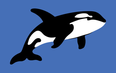 Black and white stencil silhouette of an orca over blue water background