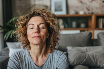 Middle-aged woman practicing meditation in her living room With eyes closed and in a serene posture Highlighting mental health Relaxation And the practice of mindfulness - obrazy, fototapety, plakaty