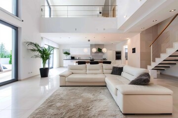 Fototapeta premium Minimalist home interior with sleek lines and a neutral color scheme. open-concept living area connected to a modern kitchen