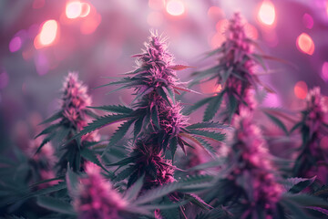 Cannabis flowers in a big grow room full of lights, blooming cannabis flowers with led lights, indoor marijuana plantation, farm growing