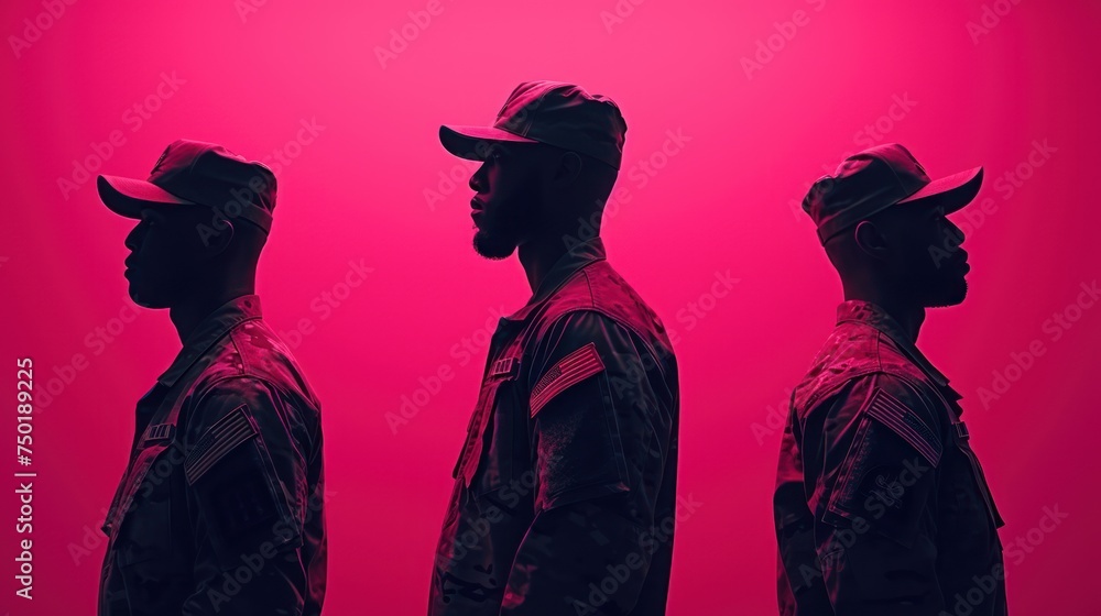 Poster a group of three men standing next to each other in front of a pink background with a cowboy hat on 