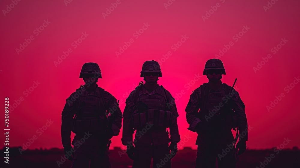 Poster a group of soldiers standing next to each other in front of a bright red sky with a red sky in the b