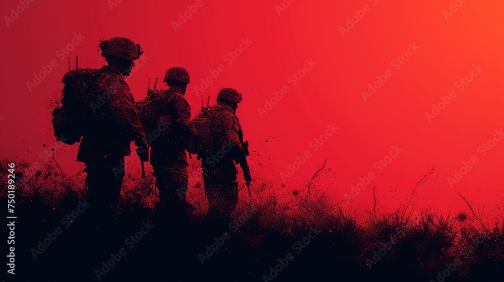 Poster a group of soldiers standing next to each other in a field with a red sky behind them in the backgro