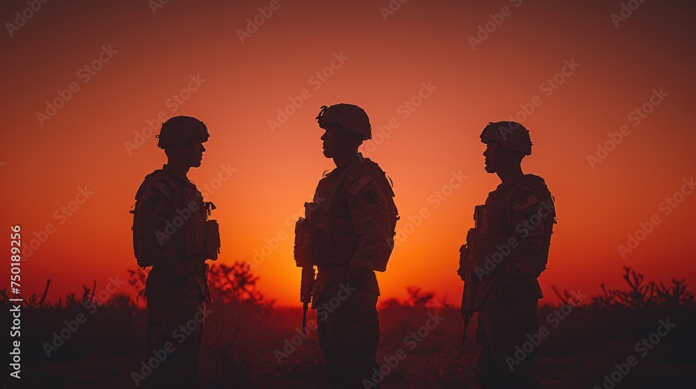Poster a group of men standing next to each other in a field with the sun setting in the back ground behind