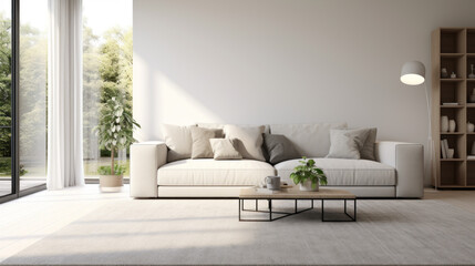 A modern living room with a grey and white patterned sofa, white walls, and a minimalistic black...