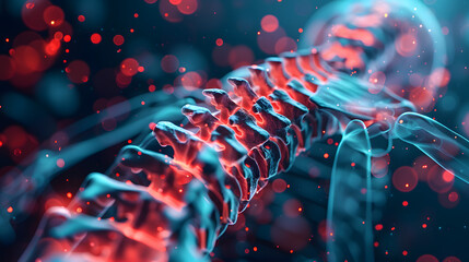 Human Spine XRay 3D render, red and blue colors - obrazy, fototapety, plakaty